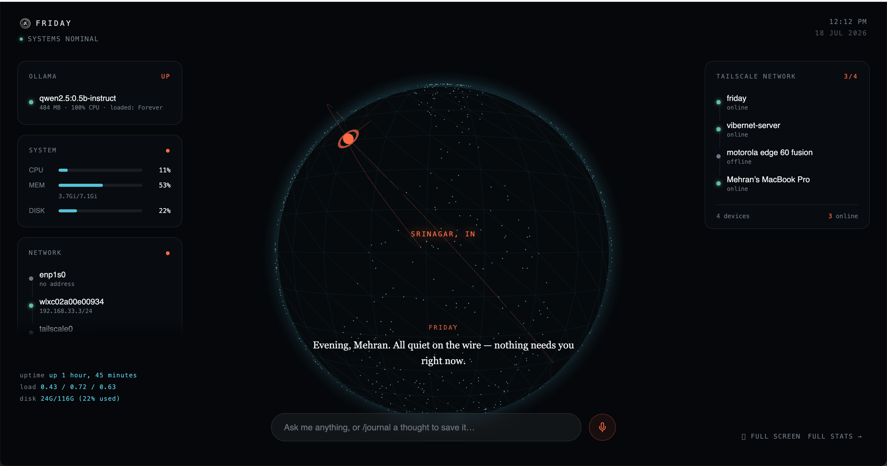 Friday's live dashboard showing a glowing globe centered on Srinagar, India, system stats, the Ollama AI model status, and the Tailscale network of connected devices