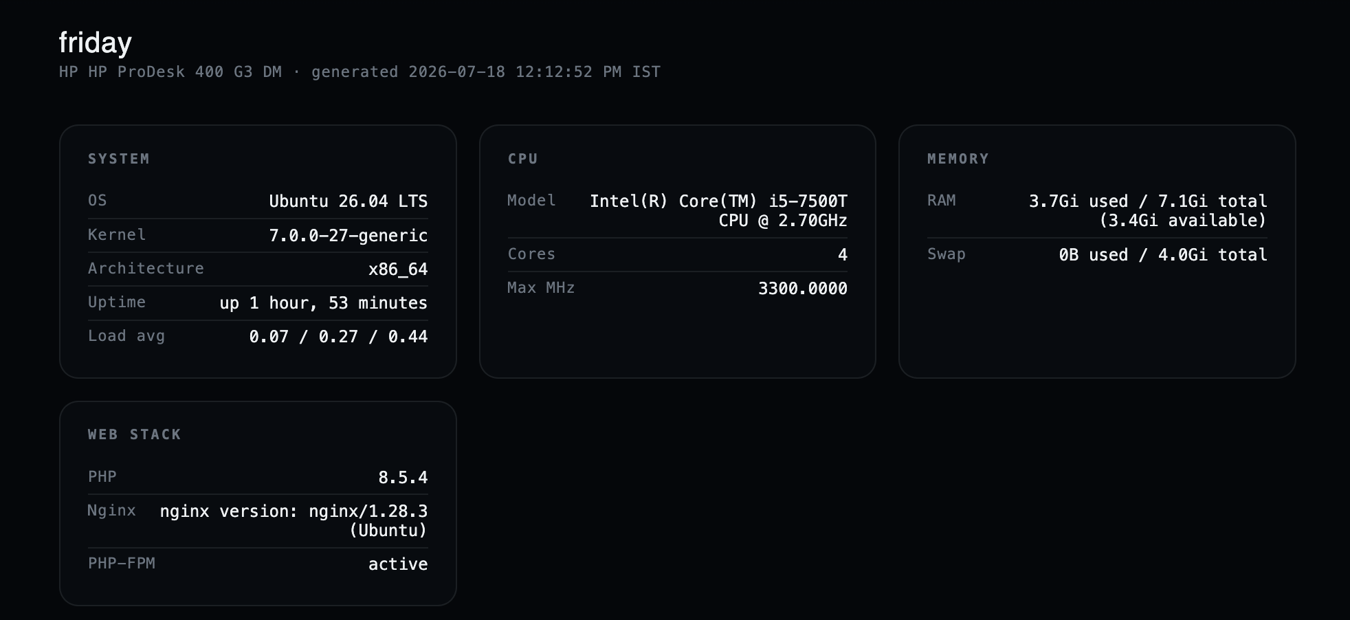 Friday's full system specs: an HP ProDesk 400 G3 with an Intel Core i5-7500T, 4 cores, 7.1GB of RAM, and Ubuntu LTS, generated straight from the machine